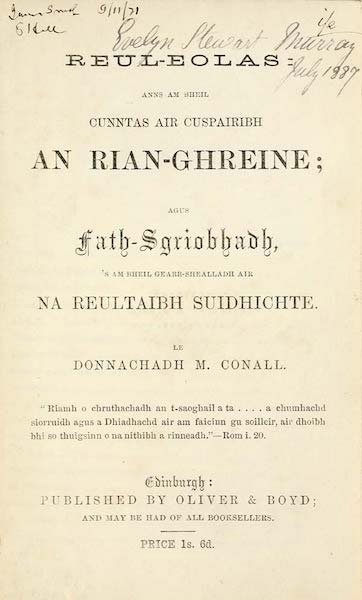 Reul-Eolas: anns am bheil Cunntas air Cuspairibh an Rian-Ghreine; agus Fath-sgriobhadh ’s am bheil Gearr-shealladh air na Reultaibh Suidhichte