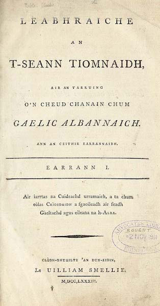 Leabhraiche an t-Seann Tiomnaidh air an Tarruing o’n Cheud Chanain Chum Gaelic Albannaich. Ann an Ceithir Earrannaibh.