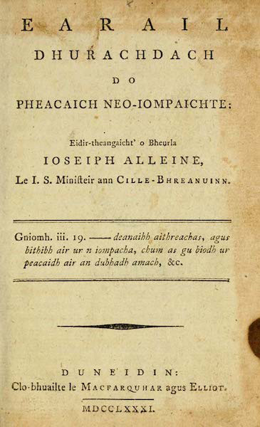 Earail Dhurachdach do Pheacaich Neo-Iompaichte: Eidir-theangaicht’ o Bheurla Ioseiph Alleine, Le I. S. Ministeir ann Cille-Bhreanuinn