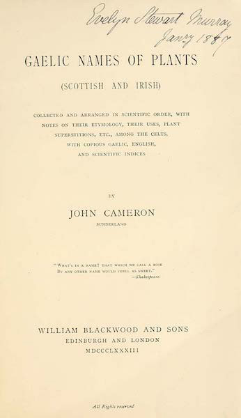 Gaelic Names of Plants (Scottish and Irish): Collected and Arranged in Scientific Order, with Notes on their Etymology, their Uses, Plant Superstitions, etc., Among the Celts, with Copious Gaelic, English, and Scientific Indices